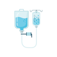 Flat design medical intravenous drip illustration with two connected bags of blue fluid.