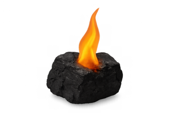 Burning coal briquette with orange flame showing heat and energy on a transparent background for various uses