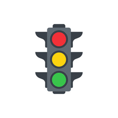 Flat Design Traffic Light with Red, Yellow, and Green Illuminated Signals.