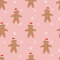 Seamless pattern with gingerman in red hat and snowflakes