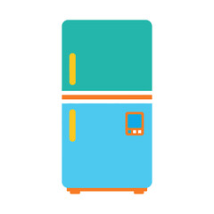 Flat design two-door refrigerator with teal top, blue bottom, yellow handles, and orange control panel.