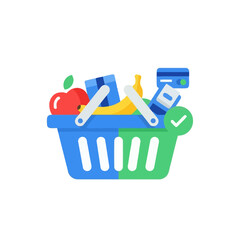 Flat icon of a blue and green shopping basket full of groceries, a credit card, and a green checkmark.