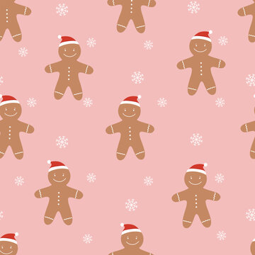 Seamless pattern with gingerman in red hat and snowflakes