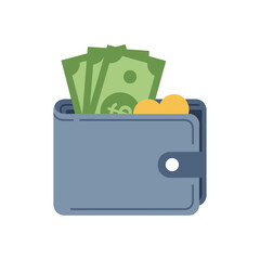 Flat Illustration of a Blue Wallet Filled with Green Cash and Gold Coins.