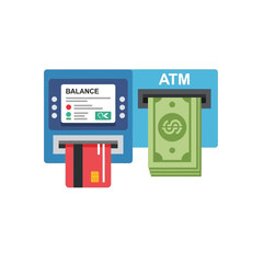 Flat Illustration of a Blue ATM Dispensing Cash and Accepting Credit Card.