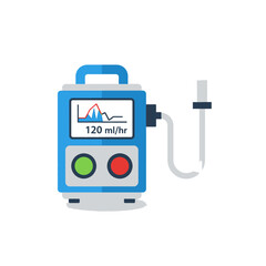 Flat Illustration of a Blue Medical Infusion Pump with Display and Drip Chamber.
