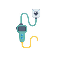 Modern teal handheld endoscope camera with square lens and flexible cables for inspection.