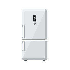 Modern White Smart Refrigerator with Digital Display and Wi-Fi Connectivity.