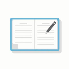 Open blue notebook with lined pages and a grey pencil, flat vector illustration for writing or study.