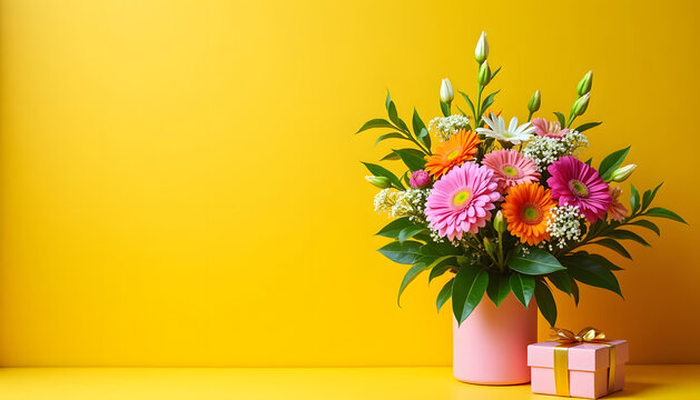 Colorful gerbera daisies in a pink vase with a gift box on a yellow background