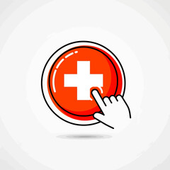 Red Circular Button with White Cross and Finger Pointing, Medical Icon.