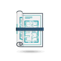 Rolled architectural blueprint with teal lines and dark blue band, showing floor plan details.