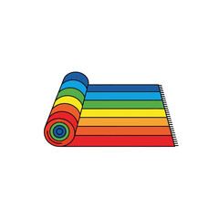 Rolled-up Rainbow Striped Beach Mat with Fringed Edges, Colorful Design.