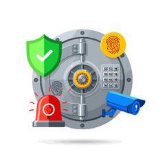 Secure Vault Door with Security Features - Shield, Fingerprint, Camera, and Alarm.