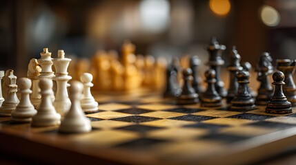 Classic wooden chessboard with pieces set for a strategic game of intellect.
