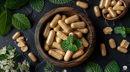 Herbal supplement capsules in wooden bowl with fresh mint leaves on dark background, natural alternative medicine for health and wellness.