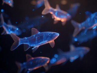 Futuristic glowing fish with bioluminescent blue and orange light swimming in a dark underwater environment