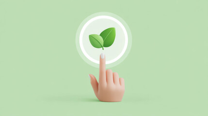 A hand gently touching a green leaf symbol on a serene green background, symbolizing nature and sustainability.