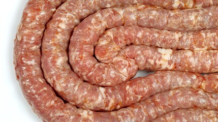 Fresh raw pork sausage coiled in a spiral pattern, showing marbled texture with visible fat and meat particles on white background.