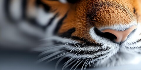 Extreme close-up of tiger nose and whiskers showing detailed facial features and distinctive orange, black, and white fur pattern.