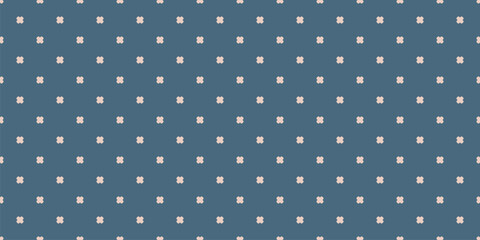 Vector minimal geometric floral seamless pattern. Blue and beige abstract texture with small scattered crosses, flower shapes, polka dots. Stylish minimal background. Repeated design for print, fabric