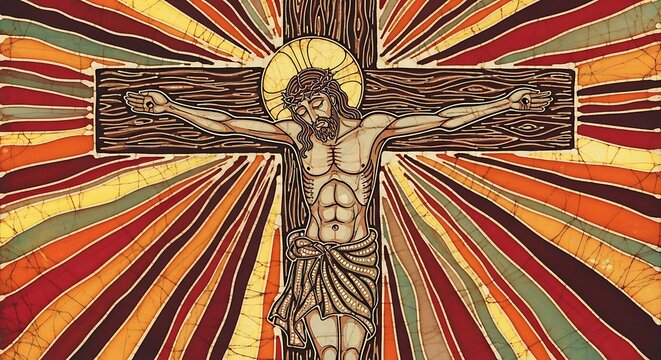 Jesus Christ on Cross with Vibrant Rays Background, batik art painting