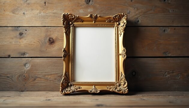 Ornate gold picture frame sits on rustic wooden planks. Empty blank space offers a vintage feel for displaying art or memories. Elegant decorative border with classic, luxurious, and warm aesthetic.