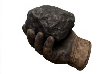 Hand in a dirty work glove holding a piece of coal, representing raw natural resources for industrial energy production
