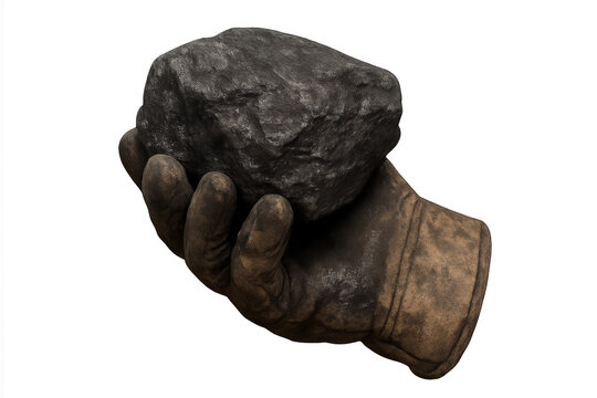 Hand in a dirty work glove holding a piece of coal, representing raw natural resources for industrial energy production