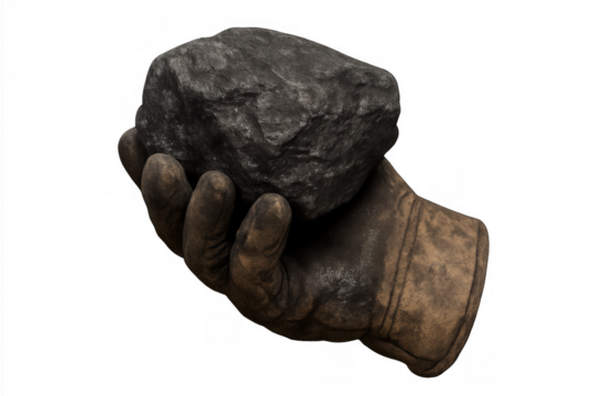 Hand in a dirty work glove holding a piece of coal, representing raw natural resources for industrial energy production