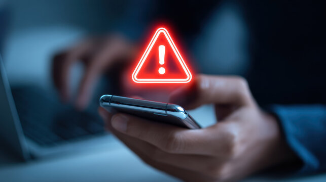 A person holding a smartphone with an alert symbol, highlighting technology communication and digital notifications.