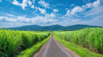 A picturesque road through lush green fields and serene mountains under a bright blue sky.