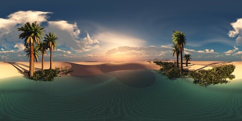 HDRI High resolution map, environment map, Round panorama, spherical panorama, equidistant projection, sea sunset, panoramic, 3D rendering. Sunset over a tropical island 
