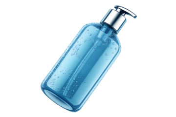 Clear blue liquid soap dispenser with bubbles isolated on white background