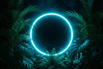 Creative Neon Blue Glowing Circle Frame Surrounded by Dark Tropical Jungle Leaves with Central Copy Space
