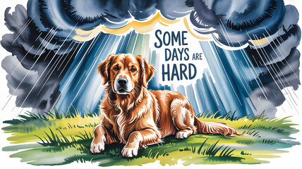 Inspirational dog illustration with storm clouds and uplifting message
