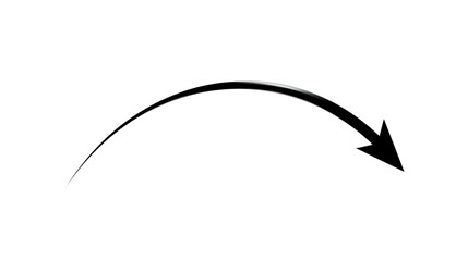Obraz premium Curved black arrow pointing downward and to the right, isolated on white background for graphic design projects and presentations.