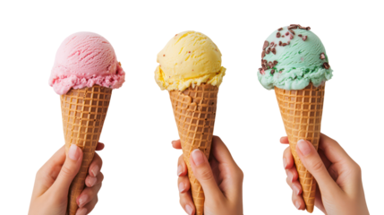 Three delicious ice cream cones held by hands isolated on transparent background