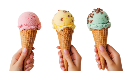 Three ice cream cones held by hands isolated on transparent background