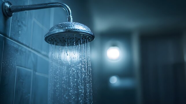 Close up of a chrome shower head with running water in a dimly lit blue bathroom. - Powered by Adobe