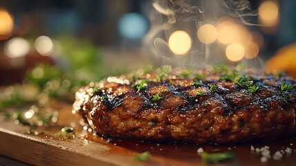 Juicy grilled burger patty with fresh herbs and sea salt on wooden board, steam rising against blurred restaurant background with warm bokeh lights.