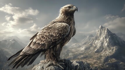 Fototapeta premium Majestic golden eagle perched on rocky outcrop overlooking dramatic mountain landscape with rugged peaks and cloudy sky.