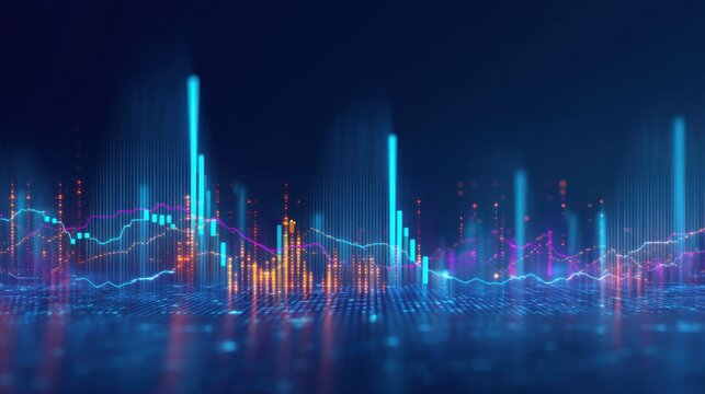 Abstract digital background with glowing data visualization and wave patterns.