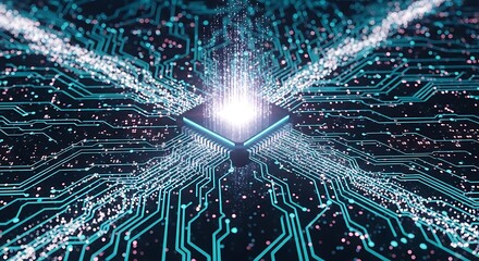 Abstract digital circuitry with glowing core representing advanced technology and data flow