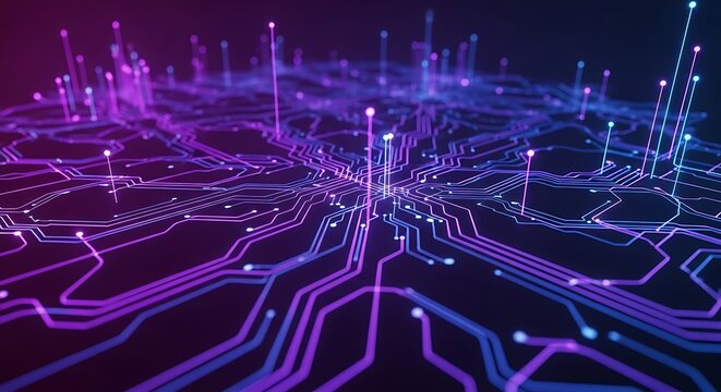 Vibrant network connections abstract digital circuitry with glowing purple and blue lights illuminating a futuristic data pathway - Powered by Adobe