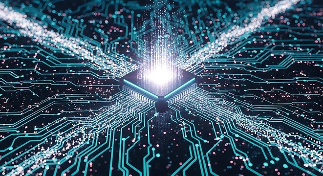 Abstract digital circuitry with glowing core representing advanced technology and data flow