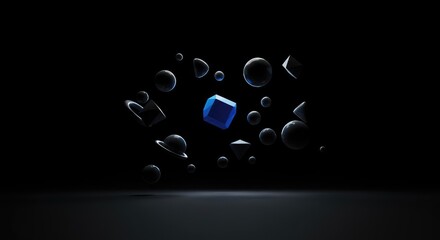 A dark conceptual void where gravity is completely nullified, showing floating geometric shapes defying standard physics laws ,zero ,deep ,dark