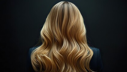Naklejka premium Back view of woman with luxurious blonde wavy hair against dark background, showcasing professional salon styling for hair care advertising.