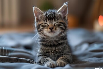 Adorable tabby kitten with closed eyes relaxing on blue bedding, expressing contentment and peace. Perfect for pet care, animal adoption, or veterinary content.