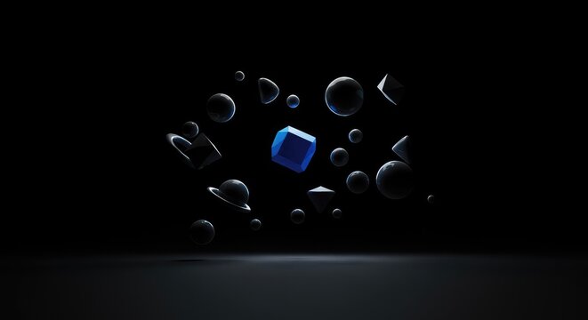 A dark conceptual void where gravity is completely nullified, showing floating geometric shapes defying standard physics laws ,zero ,deep ,dark